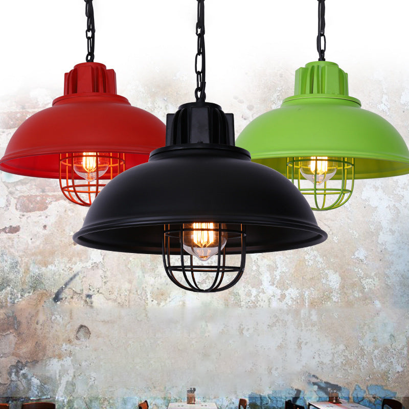 Industrial Bowl Shaped Commercial Pendant Lighting Single Metal Hanging Lamp with Cage Guard