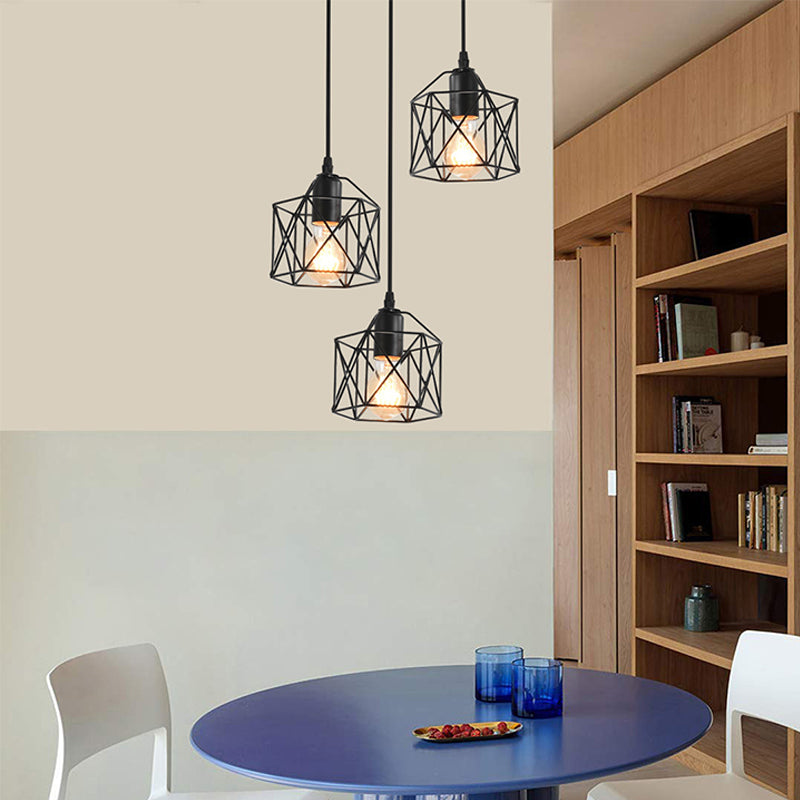 3 Heads Cluster Pendant Loft Hexagonal Cage Shade Metal Ceiling Hang Light for Dining Room