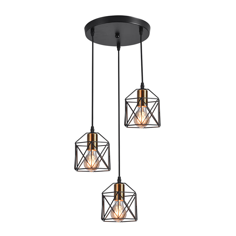 3 Heads Cluster Pendant Loft Hexagonal Cage Shade Metal Ceiling Hang Light for Dining Room