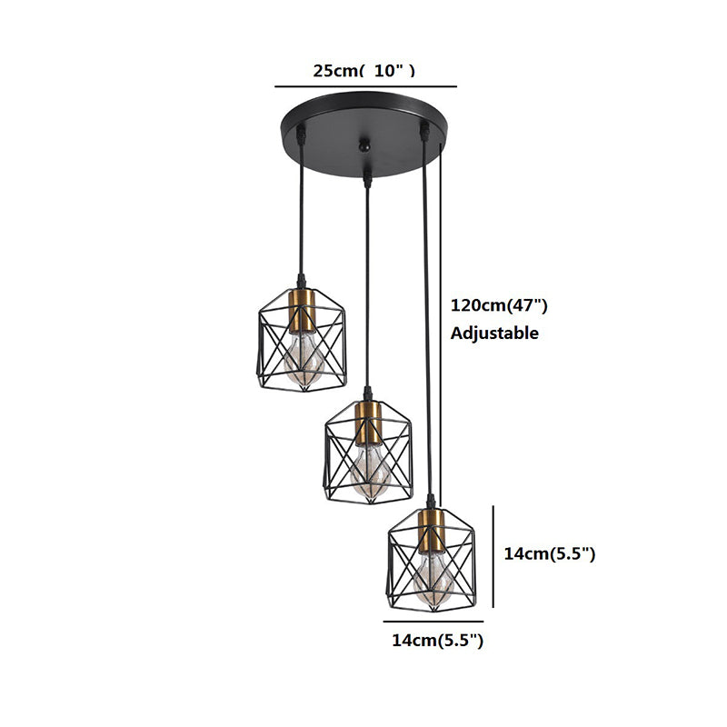 3 Heads Cluster Pendant Loft Hexagonal Cage Shade Metal Ceiling Hang Light for Dining Room