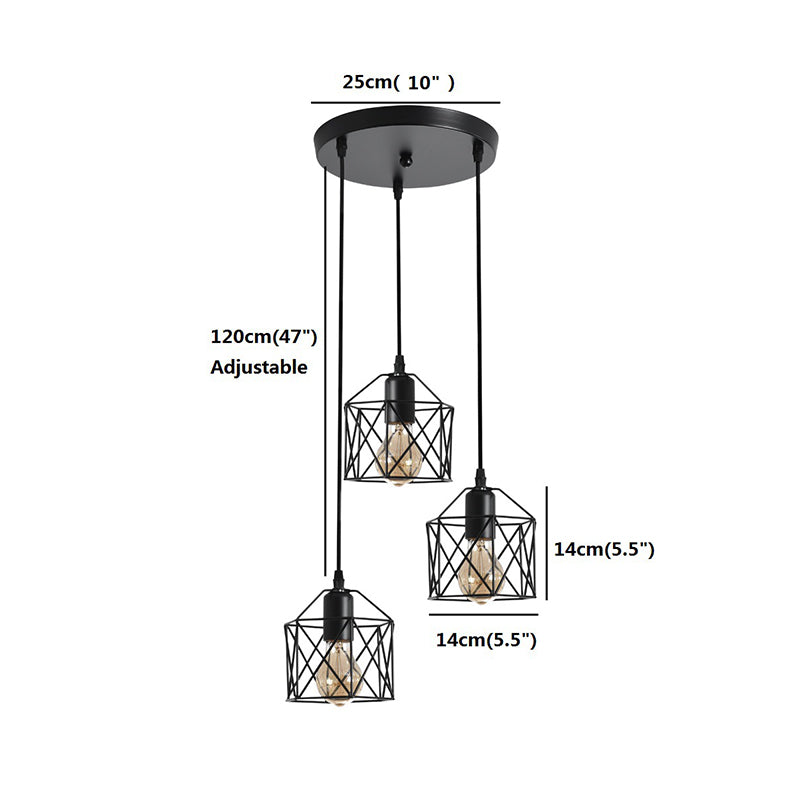 3 Heads Cluster Pendant Loft Hexagonal Cage Shade Metal Ceiling Hang Light for Dining Room