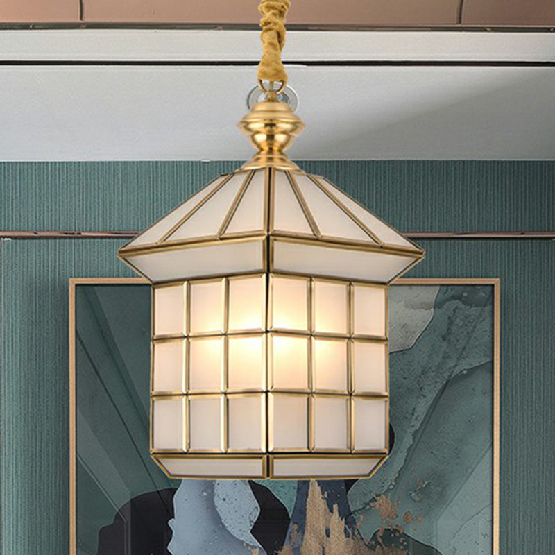 Huisvormige gang hanglamp vintage glas 1 bol messing hangende lamp