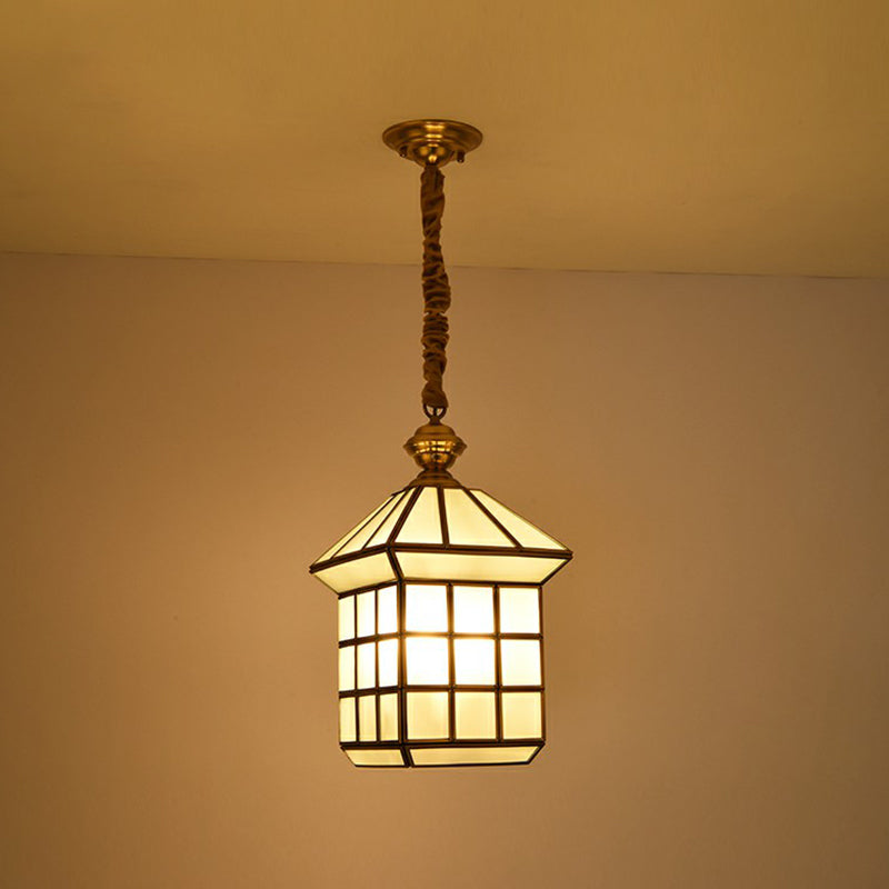 House Shaped Corridor Pendant Lamp Vintage Glass 1 Bulb Brass Hanging Light Fixture
