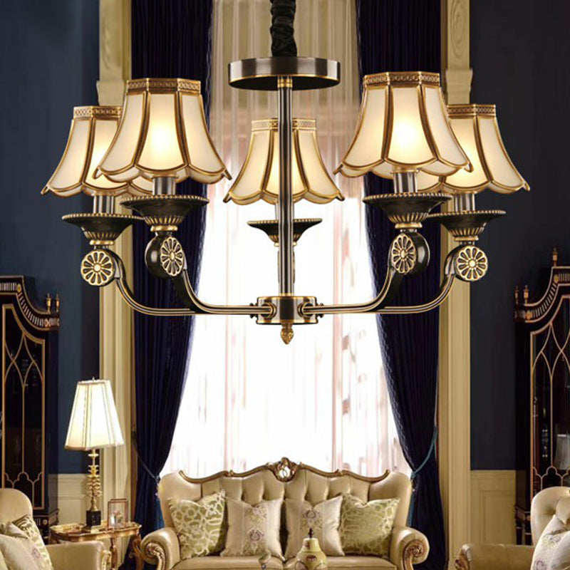 Gold and Black Flared Chandelier Traditional Frosted Glass Bedroom Suspension Light Fixture