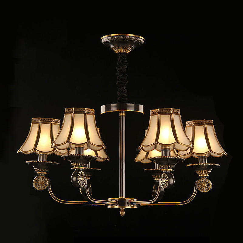 Gold and Black Flared Chandelier Traditional Frosted Glass Bedroom Suspension Light Fixture