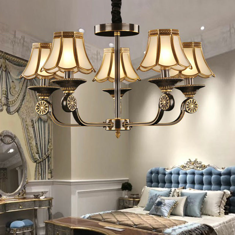 Gold and Black Flared Chandelier Traditional Frosted Glass Bedroom Suspension Light Fixture