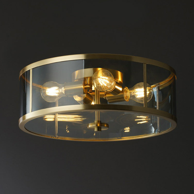 4-Bulb Drum Flush Ceiling Light Simplicity Brass Clear Glass Flush Mount Light for Bedroom