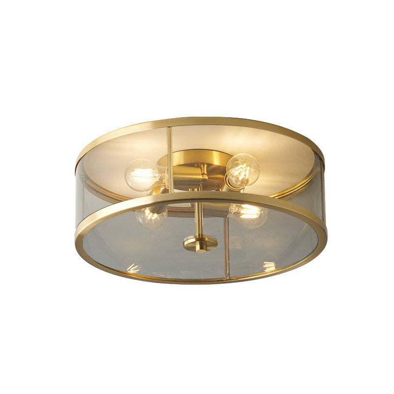 4-Bulb Drum Flush Ceiling Light Simplicity Brass Clear Glass Flush Mount Light for Bedroom