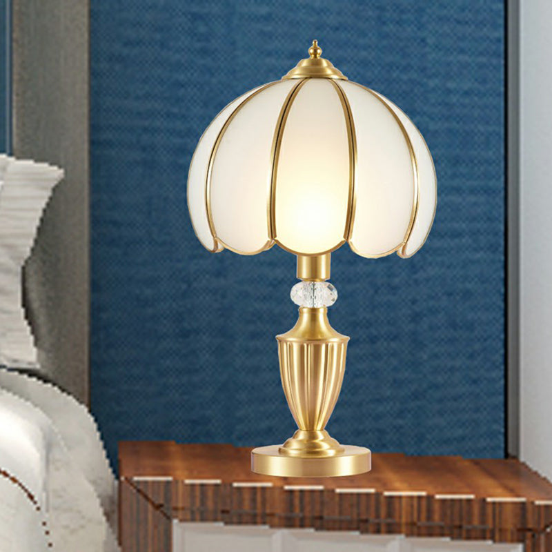 White Glass Hemispherical Table Lamp Antique Style Bedside Night Light with Scalloped Edge