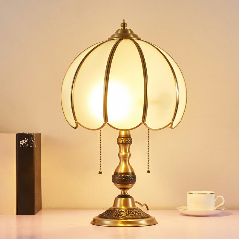 White Glass Hemispherical Table Lamp Antique Style Bedside Night Light with Scalloped Edge