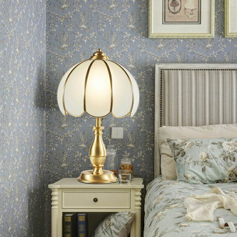 Single Nightstand Light Traditional Bedroom Table Lamp with Dome White Glass Shade in Brass