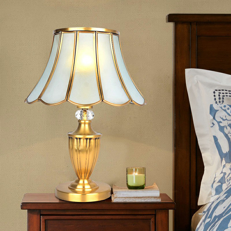 Scalloped Opaque Glass Night Stand Lamp Vintage Style Bedroom Table Light in Brass