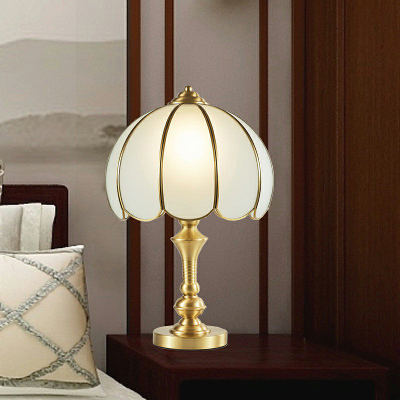 Scalloped Opaque Glass Night Stand Lamp Vintage Style Bedroom Table Light in Brass