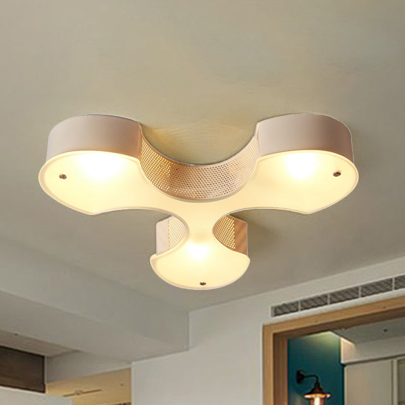 White Flower Flush Mount Light Modernism Metal 3 Bulbs Living Room Ceiling Lighting with Mesh Detail and Frosted Glass