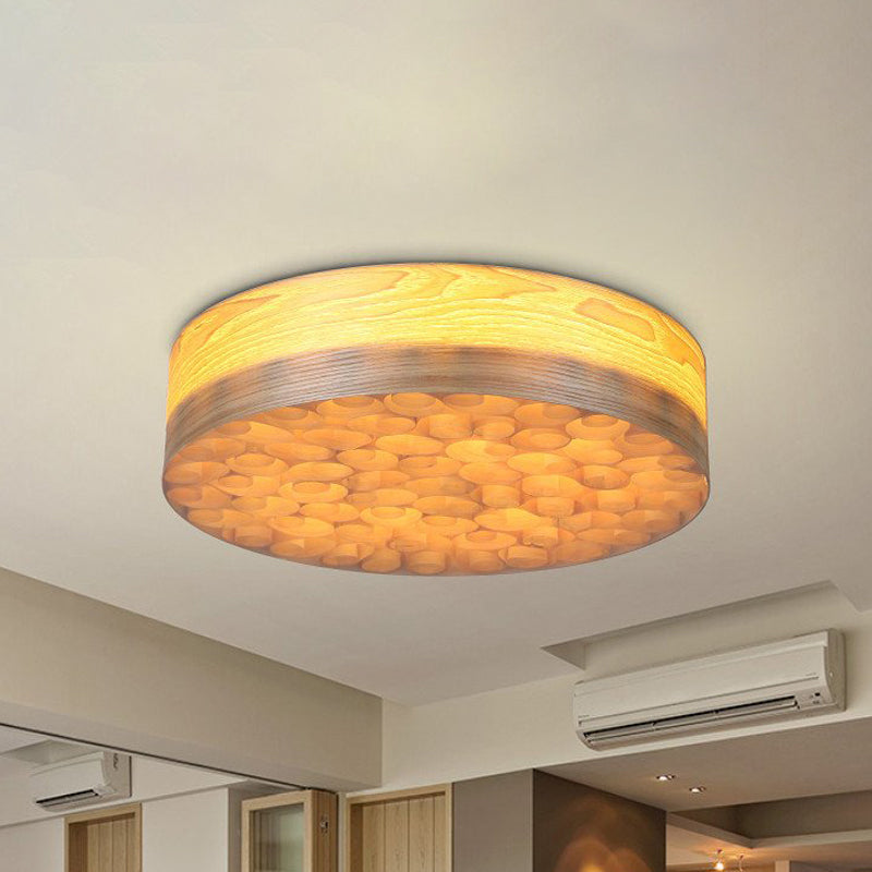 Contemporary Chinese Single Light Ceiling Lamp with Wood Shade Beige Round Flush Mount Light Fixture for Living Room