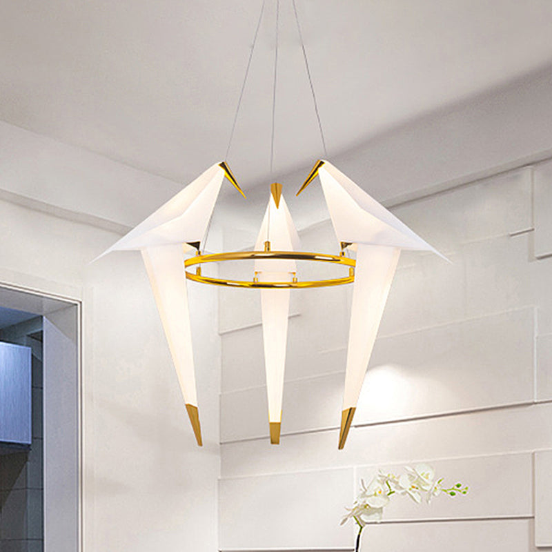 Plastic Birdie Chandelier Lighting Modernist 2/3 Lights Gold Finish Hanging Light with Metal Ring, Warm/White Light