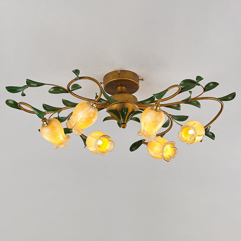 6-Head Pomegranate Flower Flushmount Pastoral Glass Semi Flush Mount Ceiling Light for Dining Room