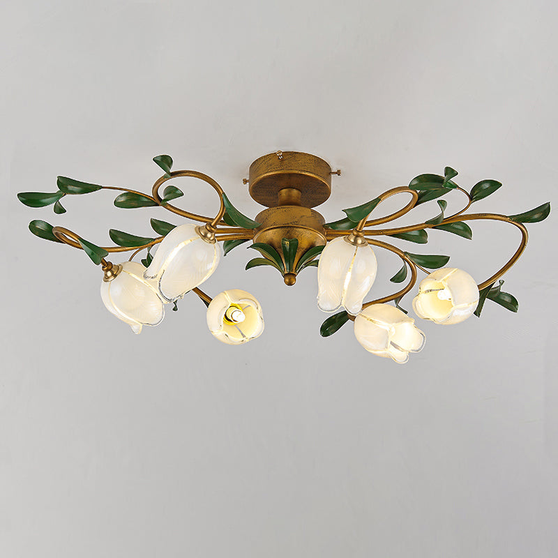 6-Head Pomegranate Flower Flushmount Pastoral Glass Semi Flush Mount Ceiling Light for Dining Room