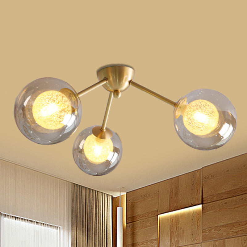 Moderne Global Semi Flush Mount Clear/Bernstein/Rauchglas 3/6 Lichter LED -Schlafzimmer Halbflush Mount Leuchte in Gold