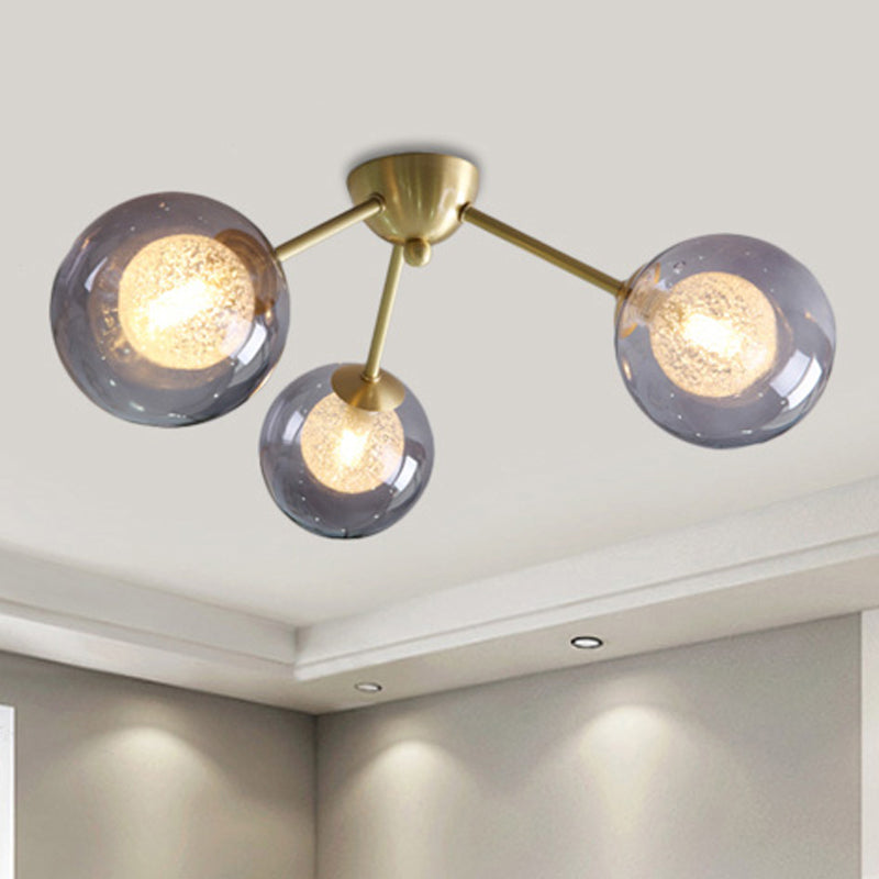 Moderno Global Semi Flush Mount Clear/Amber/Smoke Glass 3/6 Luces LED Dormitorio Semi Flush Montaje Accesorio en oro