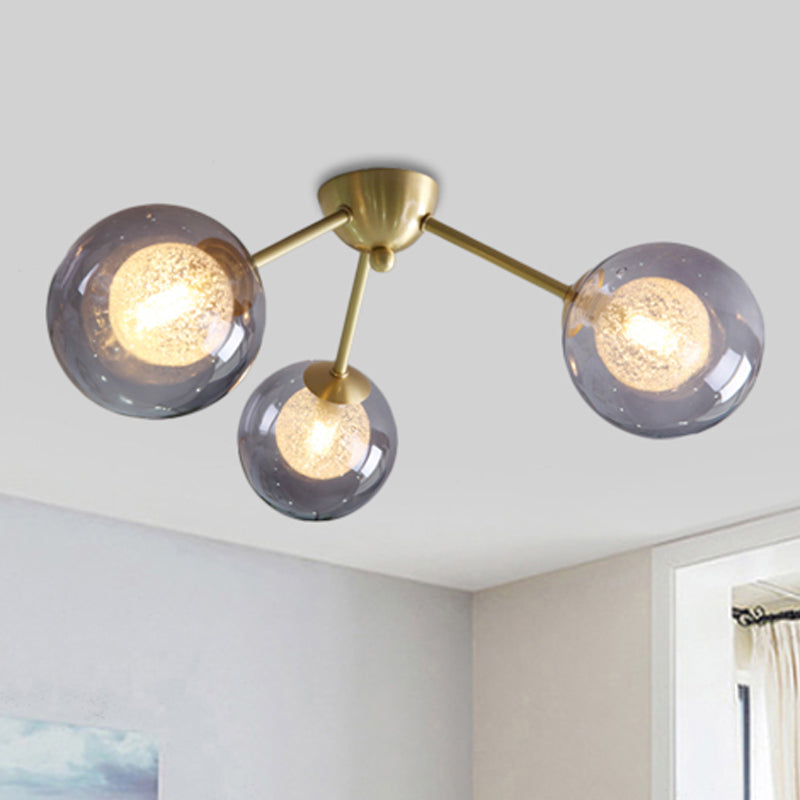 Moderno Global Semi Flush Mount Clear/Amber/Smoke Glass 3/6 Luces LED Dormitorio Semi Flush Montaje Accesorio en oro