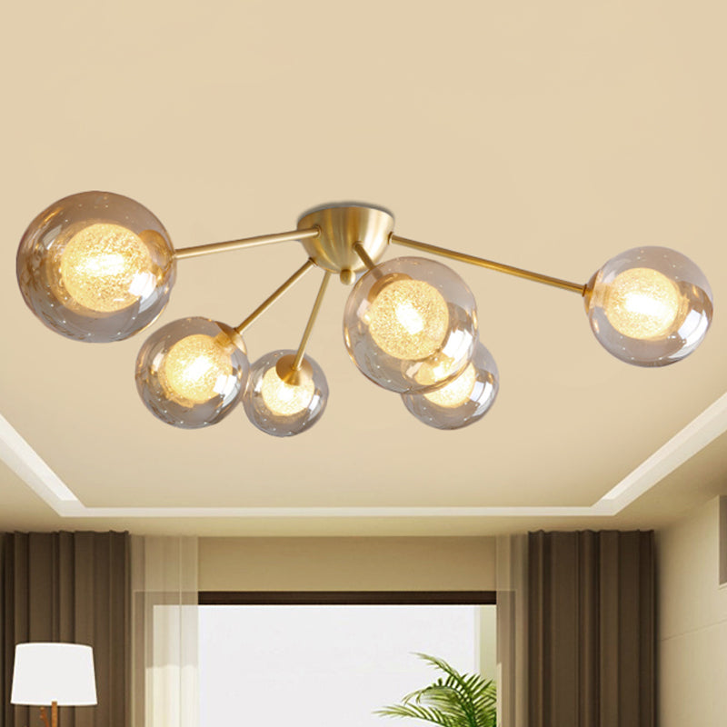 Modern Global Semi Flush Mount Clear/Amber/Smoke Glass 3/6 Lights Led Bedroom Semi Flush Mount Light Fixture in Gold