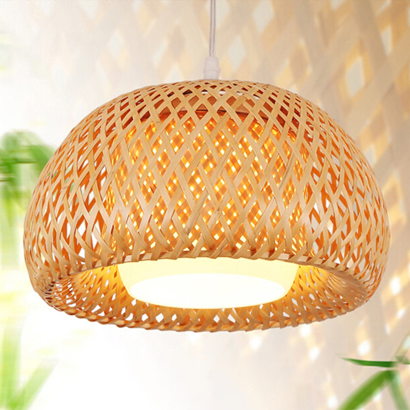 2-Layered Dome Ceiling Hang Lamp Simplicity Bamboo Single-Bulb Tea Room Pendant Light in Wood