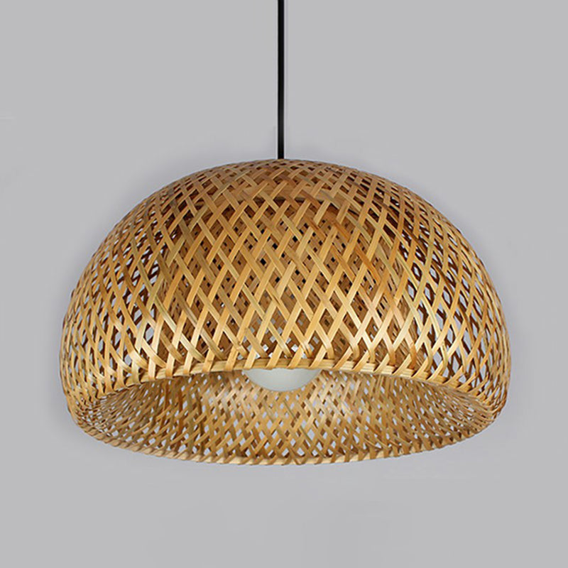 2-Layered Dome Ceiling Hang Lamp Simplicity Bamboo Single-Bulb Tea Room Pendant Light in Wood