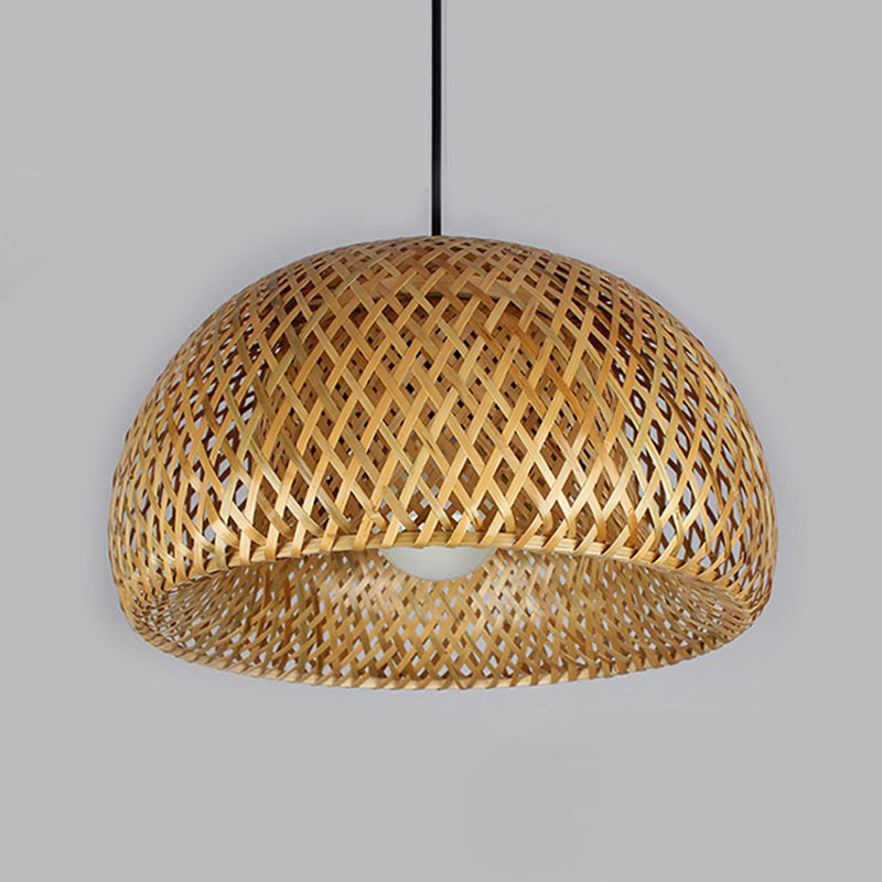 2-Layered Dome Ceiling Hang Lamp Simplicity Bamboo Single-Bulb Tea Room Pendant Light in Wood