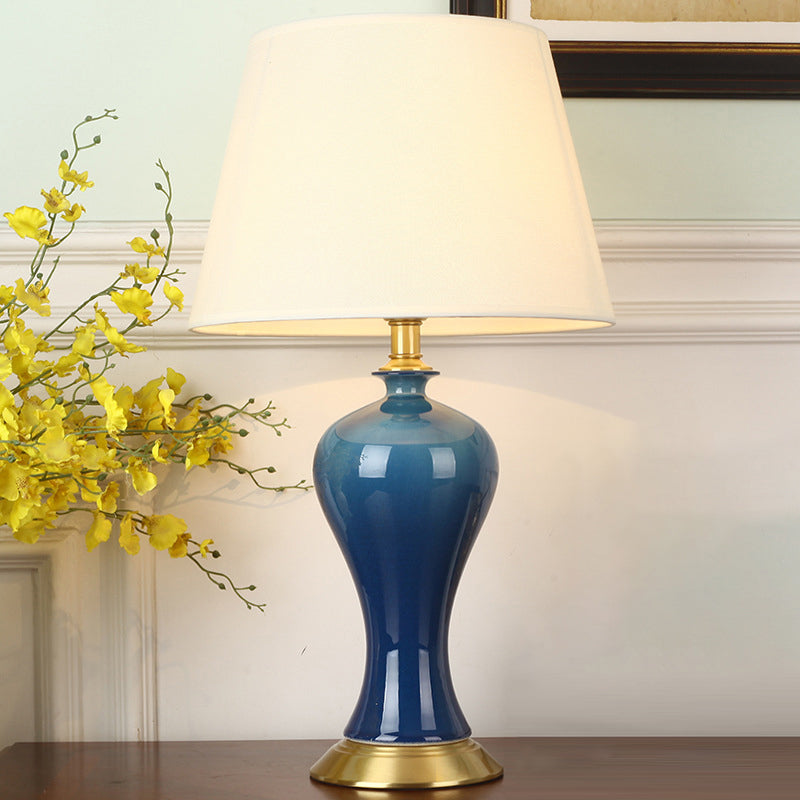 Modern Empire Shade Night Light Fabric 1-Light Bedside Table Lamp with Pottery Base in Blue