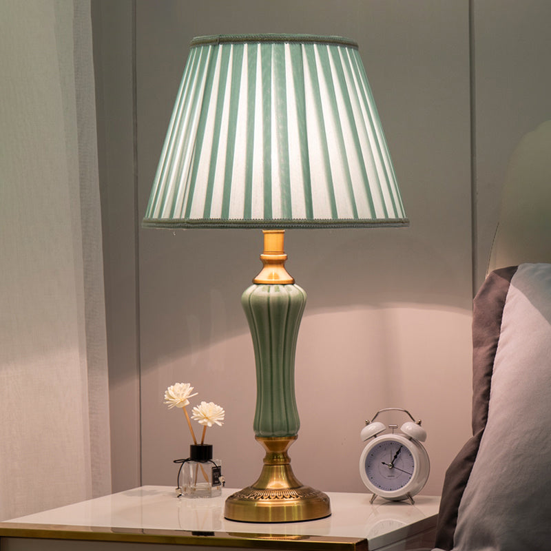 Empire Shade Table Light Modern Fabric 1-Bulb Light Green Nightstand Lamp with Border