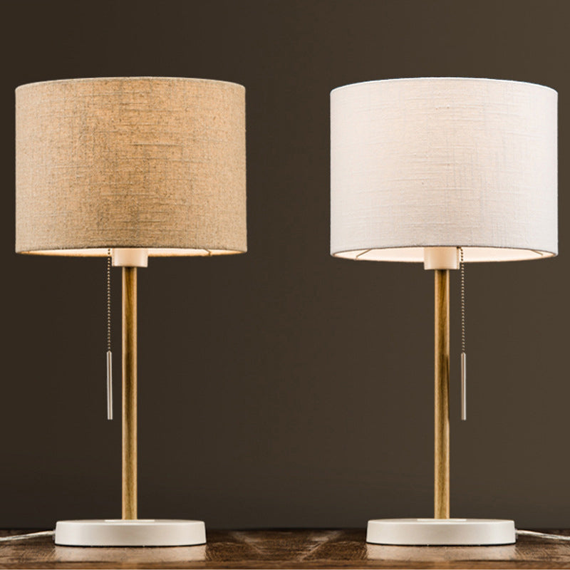 Drum Fabric Table Light Postmodern 1 Head Beige Nightstand Lamp with Pulling Chain