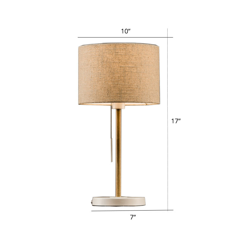 Drum Fabric Table Light Postmodern 1 Head Beige Nightstand Lamp with Pulling Chain