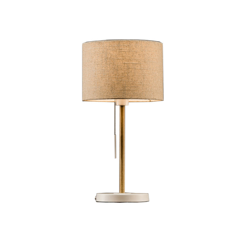 Drum Fabric Table Light Postmodern 1 Head Beige Nightstand Lamp with Pulling Chain