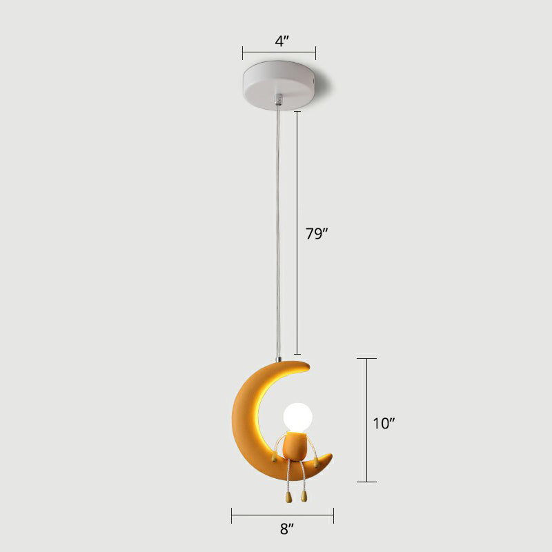 Moon and Stick Figure Hanging Light Creative Resin 1-Head Drop Pendant for Kids Bedroom