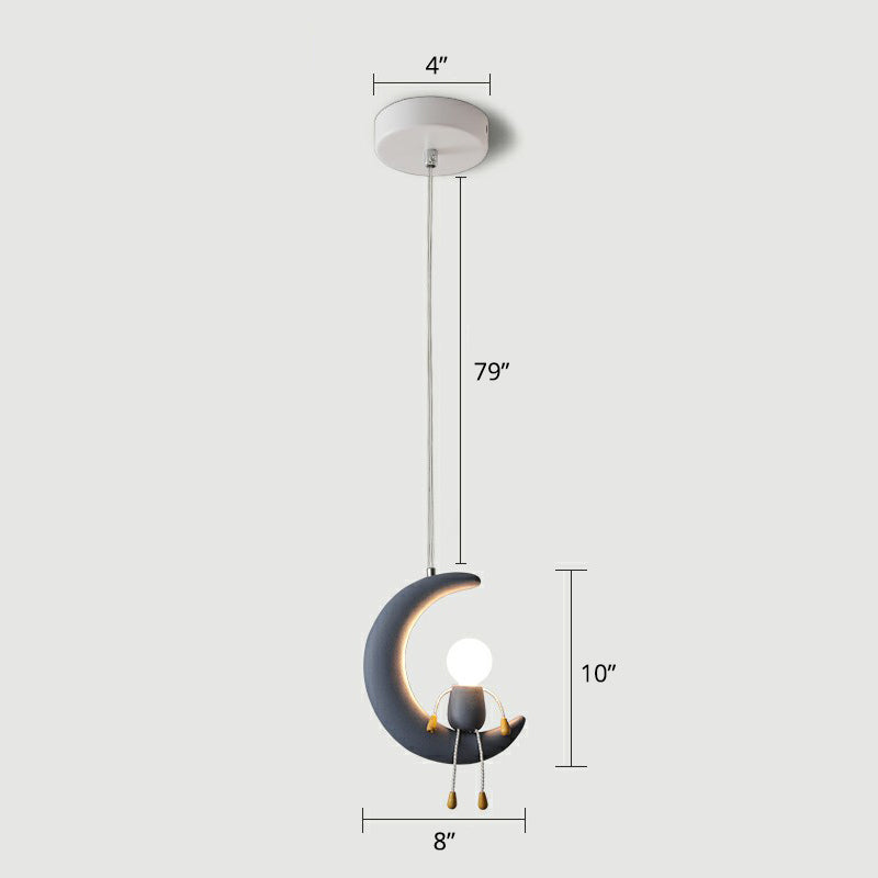 Moon and Stick Figure Hanging Light Creative Resin 1-Head Drop Pendant for Kids Bedroom