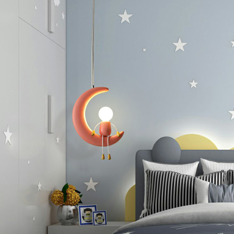 Moon and Stick Figure Hanging Light Creative Resin 1-Head Drop Pendant for Kids Bedroom