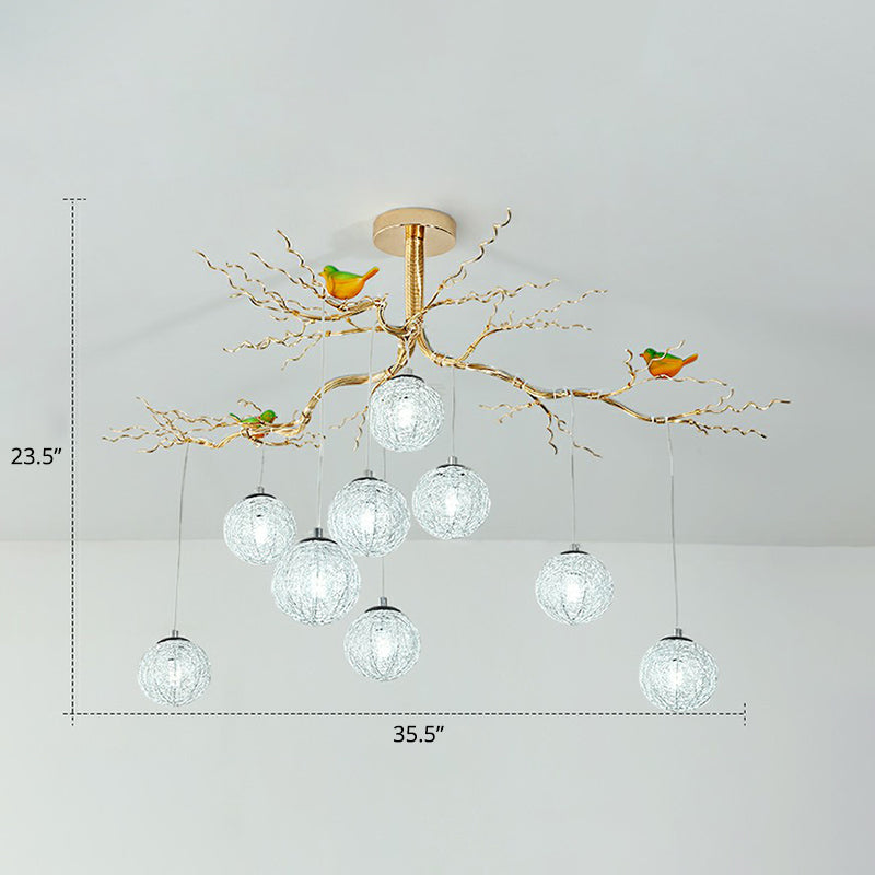 Ball Tree LED Chandelier Artistic Aluminum Wire Gold Hanging Lamp with Bird Decorations