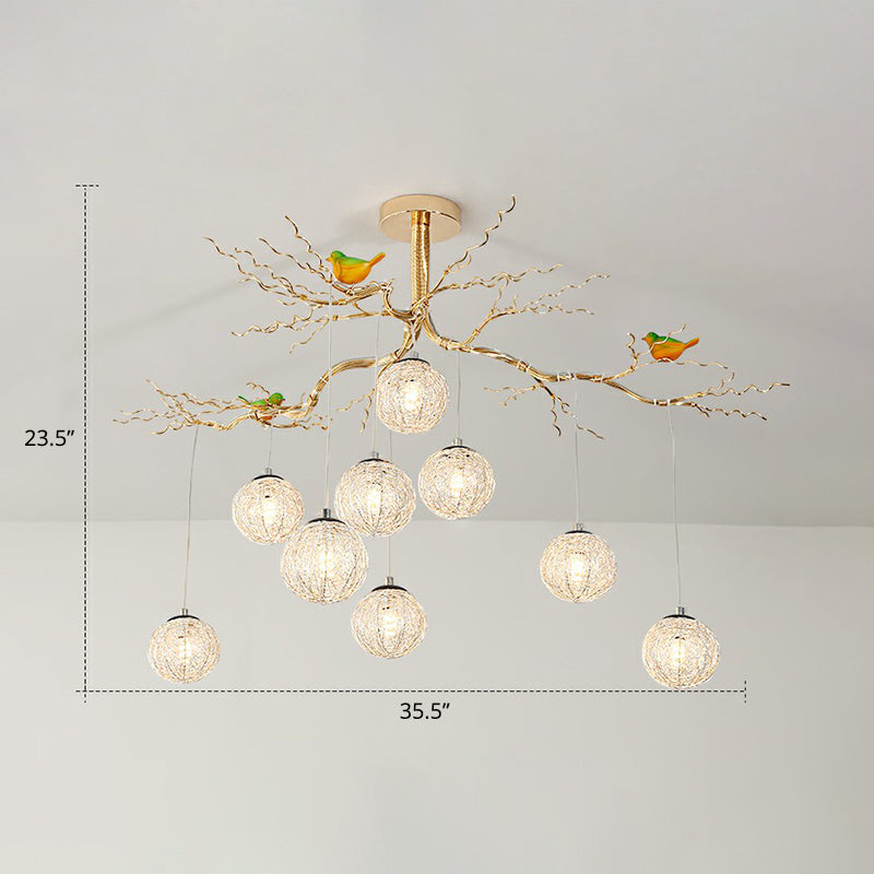 Ball Tree LED Chandelier Artistic Aluminum Wire Gold Hanging Lamp with Bird Decorations