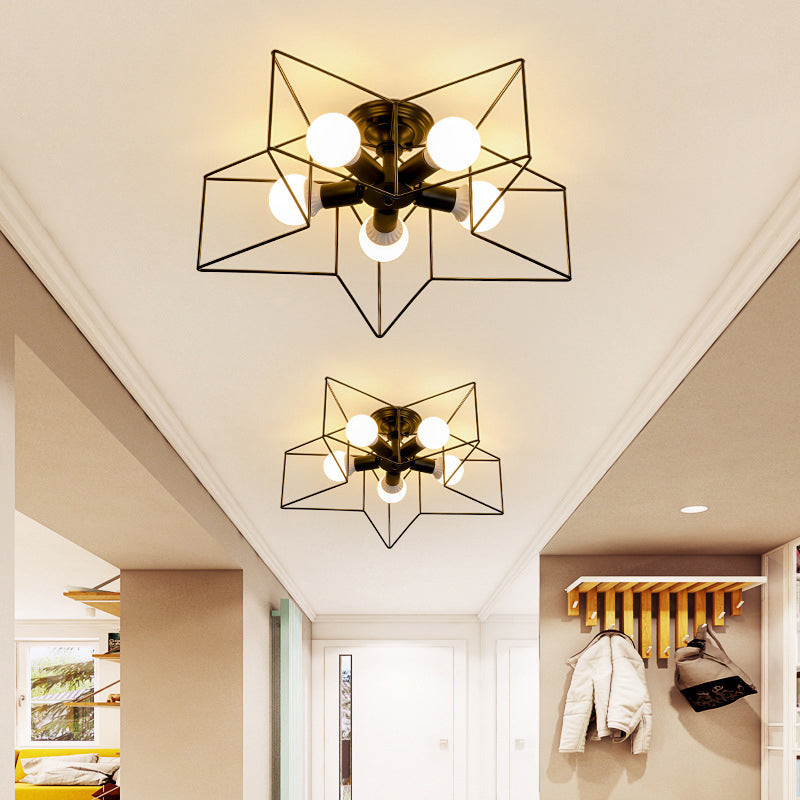 Star Shaped Bedroom Semi Flush Mount Lamp Vintage Metal 5 Bulbs Ceiling Light Fixture