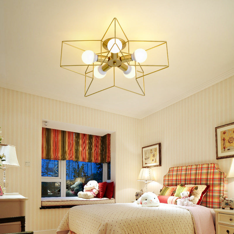 Star Shaped Bedroom Semi Flush Mount Lamp Vintage Metal 5 Bulbs Ceiling Light Fixture