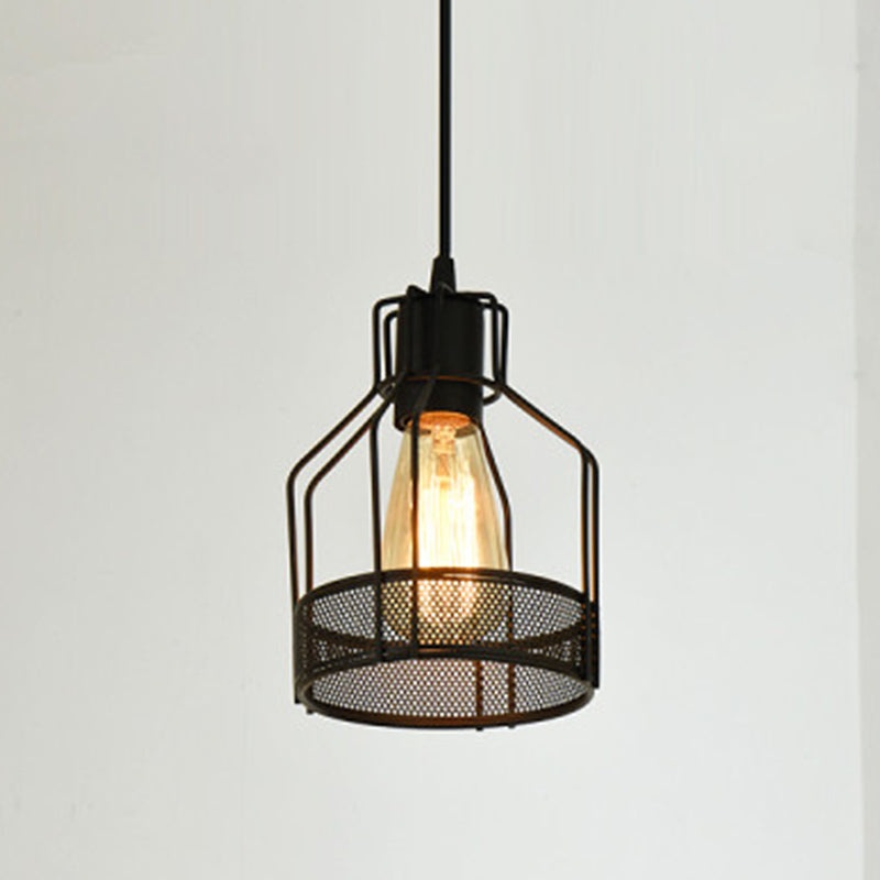 Metal Black Finish Hanging Lamp Geometrical Cage Single Industrial Style Ceiling Pendant Light