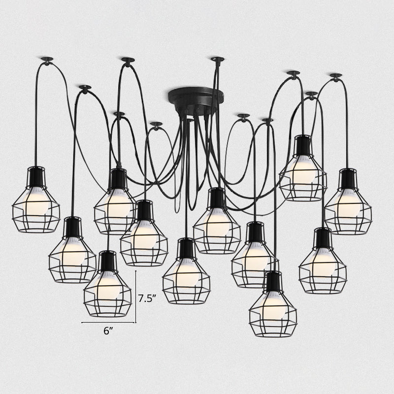 Iron Wire Ball Cage Hanging Lighting Industrial Dining Room Swag Pendant Lamp in Black