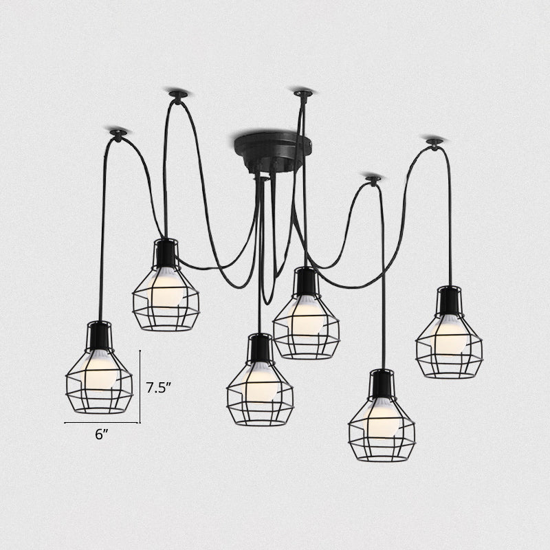 Iron Wire Ball Cage Hanging Lighting Industrial Dining Room Swag Pendant Lamp in Black