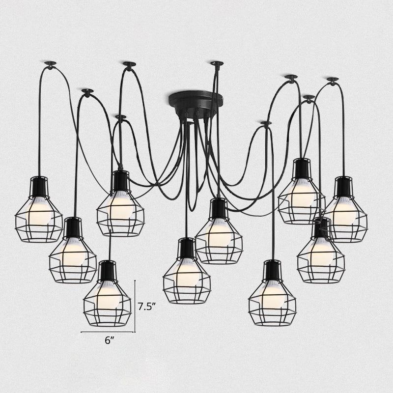 Iron Wire Ball Cage Hanging Lighting Industrial Dining Room Swag Pendant Lamp in Black