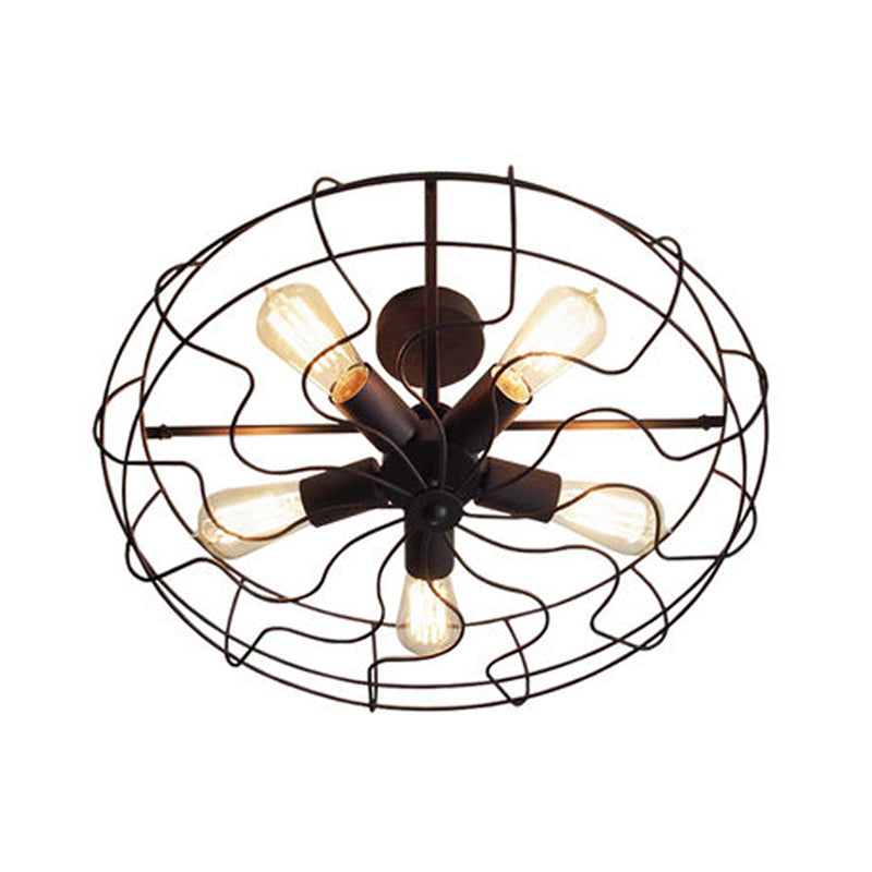 Iron Wire Round Suspension Lamp Industrial 5-Head Bedroom Chandelier Light in Black