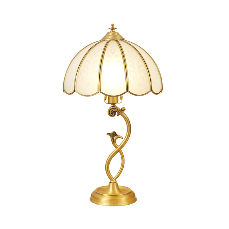 Single Umbrella Shaped Table Light Traditional Brass Cream Glass Nightstand Lamp