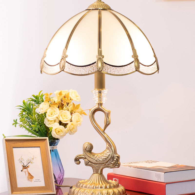 Classic Dome Table Light 1 Head White Glass Night Stand Lamp with Bird Decoration in Brass