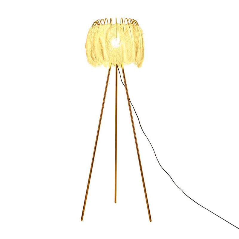 Tripod Feather Floor Light Post-Modern 1 Bulb Gold Finish Stand Up Lamp for Living Room