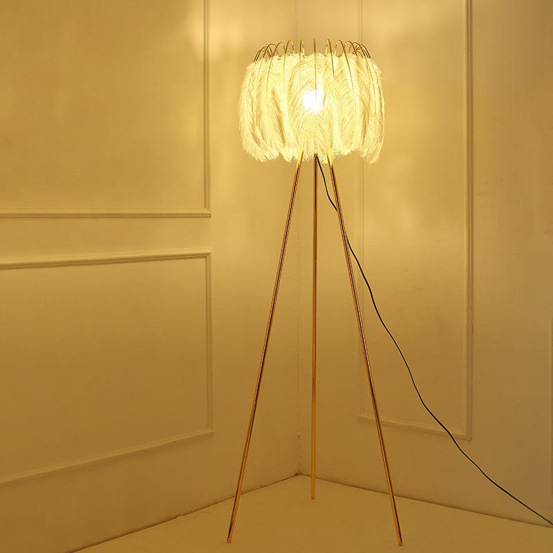 Tripod Feather Floor Light Post-Modern 1 Bulb Gold Finish Stand Up Lamp for Living Room